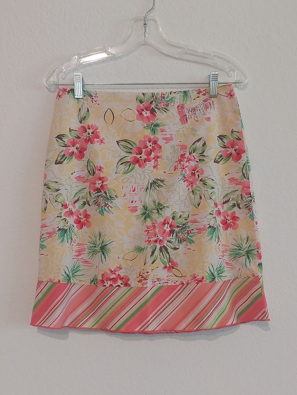 Floral Tropical Print Mini Skirt with Striped Hem NWOT